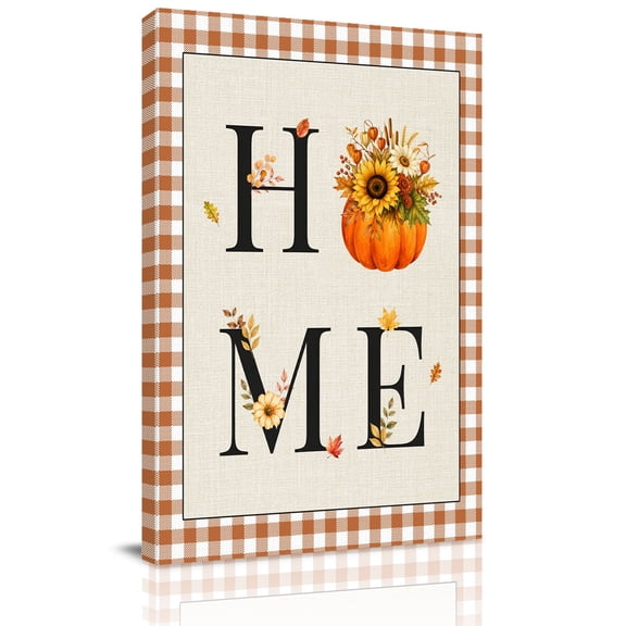 Canvas Wall Art, Home Pumpkins Fall Framed Canvas Prints for Hallway Living Room, Farmhouse Botanical Orange Checked Extra Large Gallery Wrapped Wall Decor for Home Office, Gifts, 20"x30"