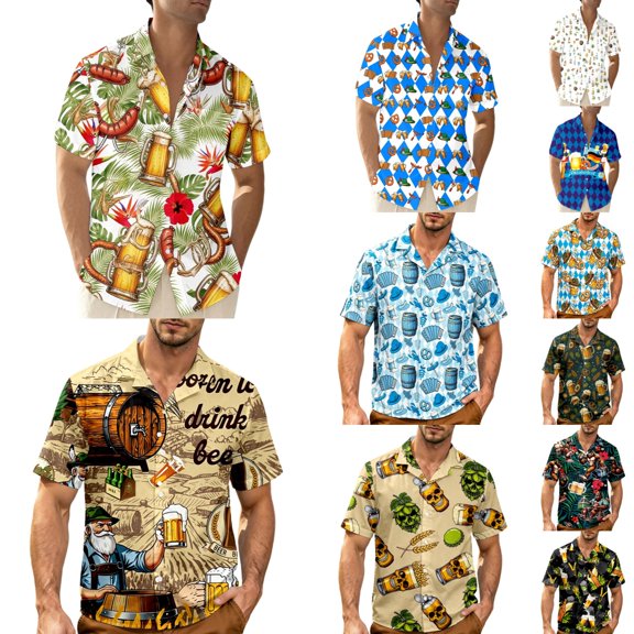 VeFlora Men's Oktoberfest Outfits, Short Sleeve Button Down Oktoberfest Print Shirts for Men, October Festival Dress Shirt, Print Collar Casual Top for Oktoberfest, Party and Daily Wear(Green/S)
