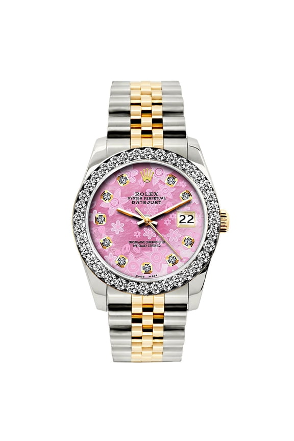 Pre-Owned Rolex Datejust 26mm Pink Flower Dial Two-Tone Bracelet Watch With Diamond Bezel