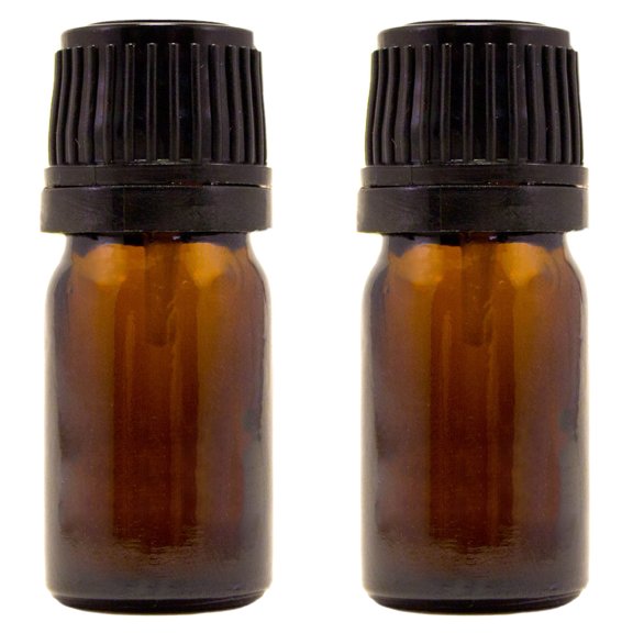 Amber Glass Bottle - 5 ml (1/6 fl oz) w/ Euro Dropper & Tamper-Evident Cap - Pack of 2