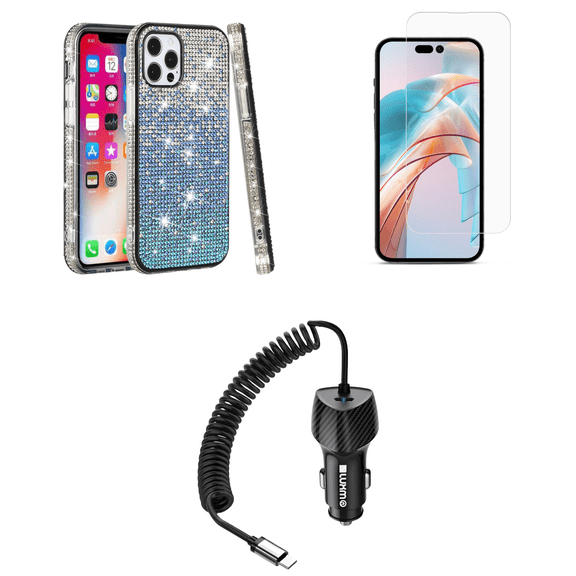 Bemz Sparkling Case for iPhone 15 Plus, Diamond Glitter Gem Bling Hybrid Protector Cute Women Girls Cover, Glass Screen Protector, 40W Car Charger (USB-C Port) - 5 Foot (Blue Silver Wave)