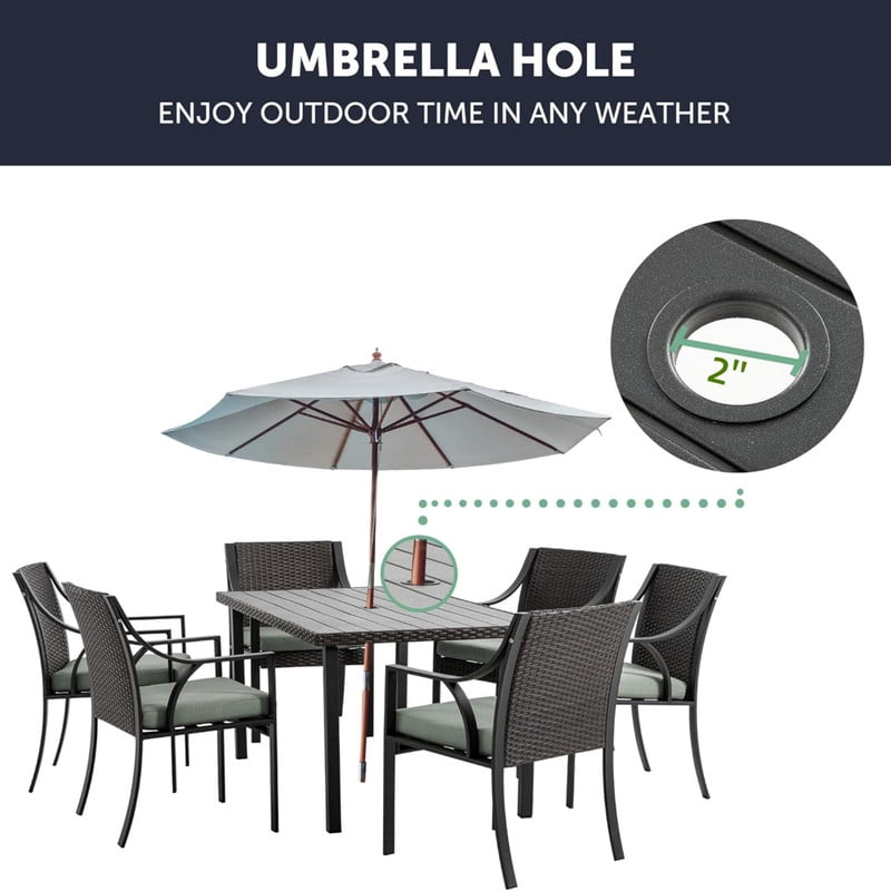 7-Piece Patio Dining Set for 6, Outdoor All-Weather Rattan Dining Table & 6 Chairs Chat Sets, Green