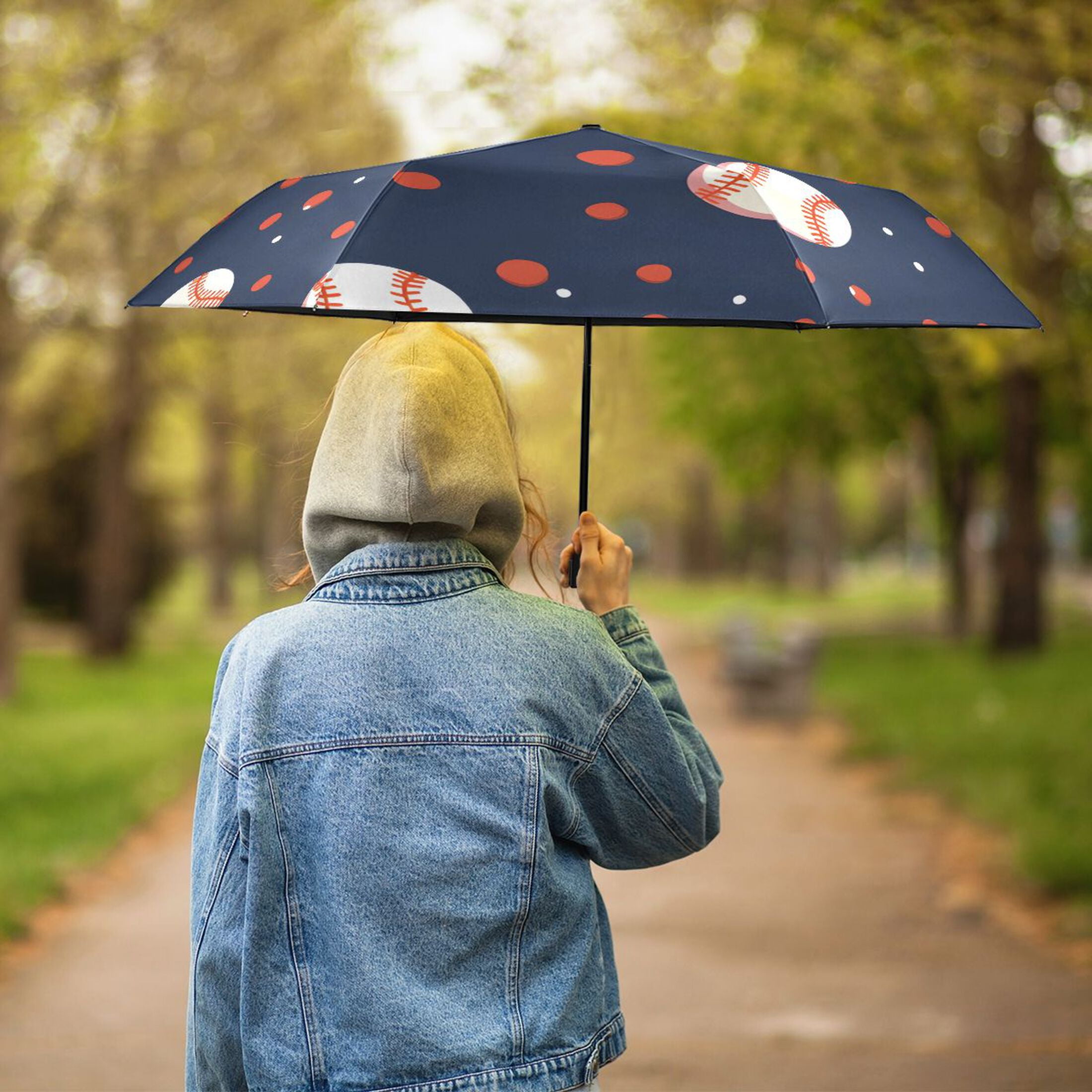 ALAZA Baseball and Dots UPF 50+ Compact Folding Umbrella for Rain Travel Umbrella Packable