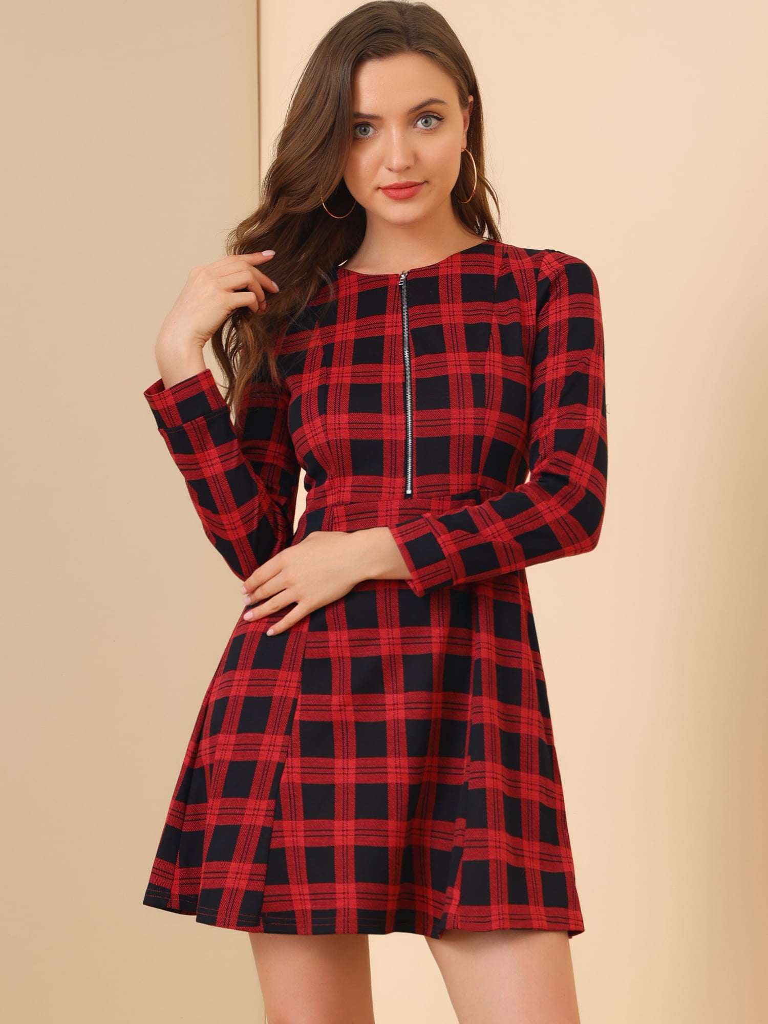 Unique Bargains Women's Plaid Vintage Zip up Long Sleeve Fit and Flare Mini Dress M Red