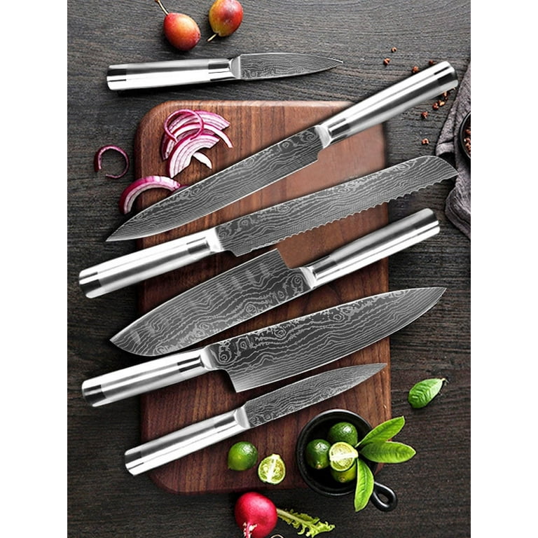 Stainless Steel Kitchen Knife Set of 2,German Carbon Steel Laser Damascus Bread Knife Santoku Paring Knives, Silver