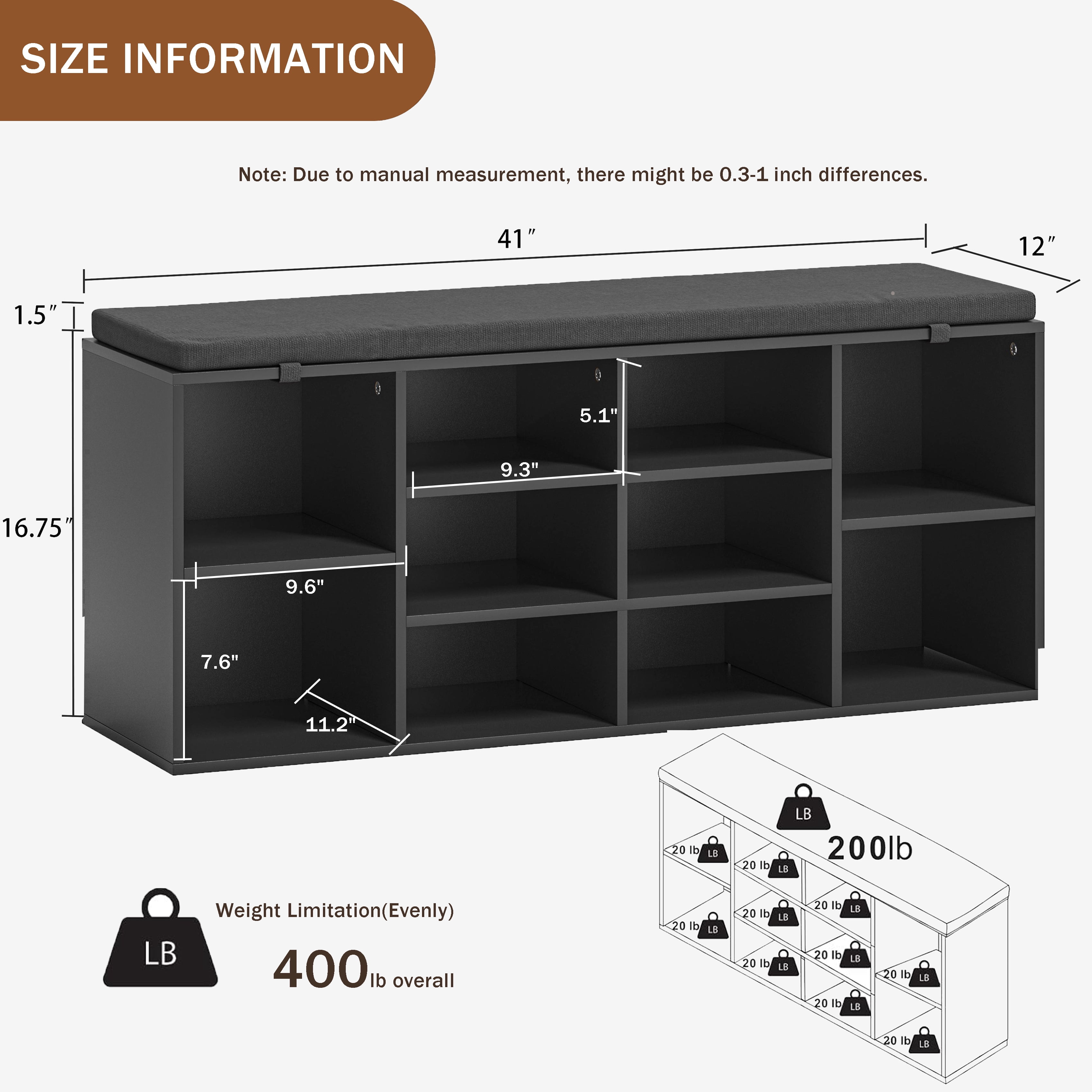Shoe Storage Bench, 10 Cubbies Storage Rack Bench with Padded Seat, Space Saving Shoe Shelf for Entryway, Living Room, Hallway, Bedroom,Black