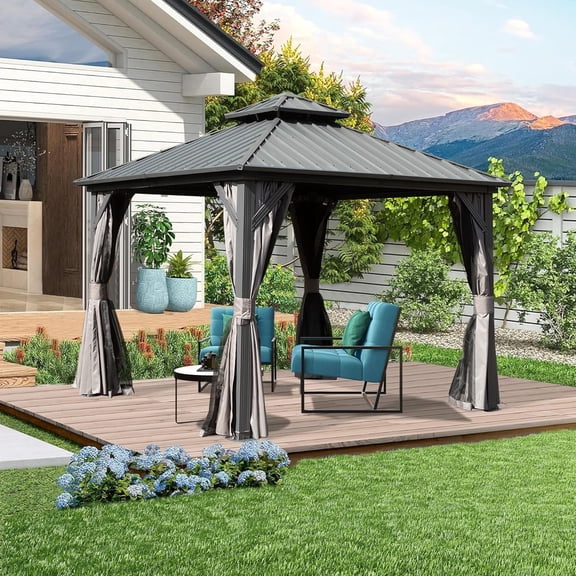 8x8 ft Hardtop Gazebo Canopy Metal with Galvanized Steel Double Roof,Curtain & Netting for Patio Deck Backyard, Gray