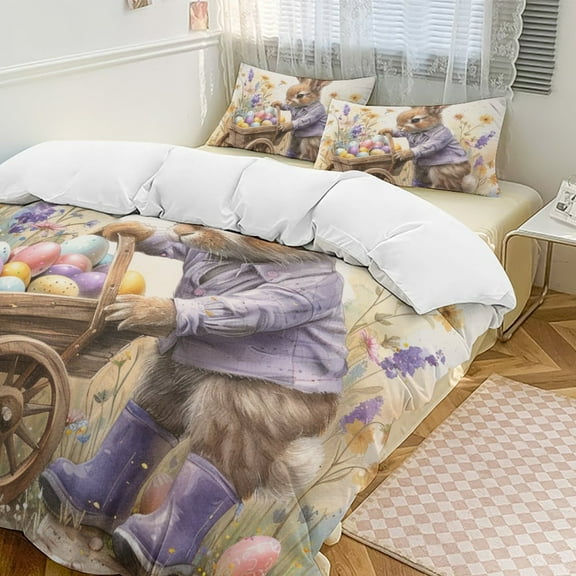 Easter Bunnies Rabbits Duvet Cover Set King Size for Bedroom Decoration Print Bedding Set Comforter Cover Decorative Microfiber with 2 Pillow Sham Multicolor