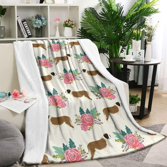 Saint Bernard Dog Breed and Flower Floral Blanket,Comfortable Soft Flannel Throw Blanket,All Season,Warm Lightweight Blankets for Sofa Bed Couch Living Room Chair,40"x50"