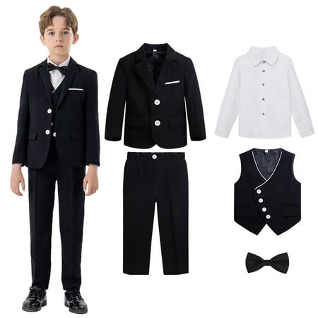 Boys Suit Kids 5 Piece Tuxedo Suit Set for Teen Boys Formal Dresswear Jacket Shirt Vest Pants and Tie Black 11-12 Years