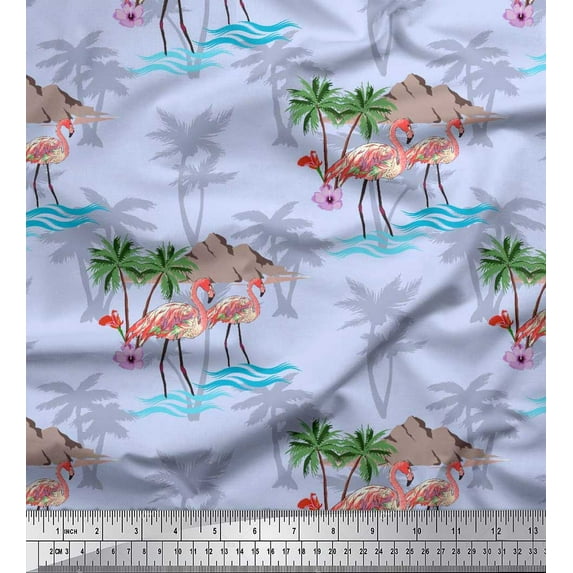 Soimoi Blue Moss Georgette Fabric Palm Tree, & Flamingo Bird Printed Fabric 1 Yard 42 Inch Wide