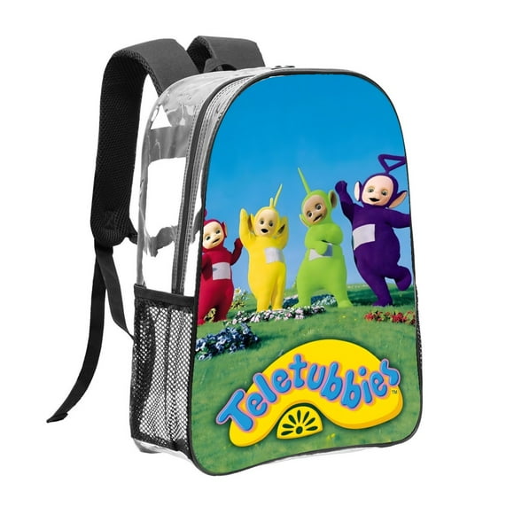 TeletubbiesMochila transparente temática, resistente y duradera, bolsa see-through para trabajo, deporte, universidad y viaje, 31 × 43 cm