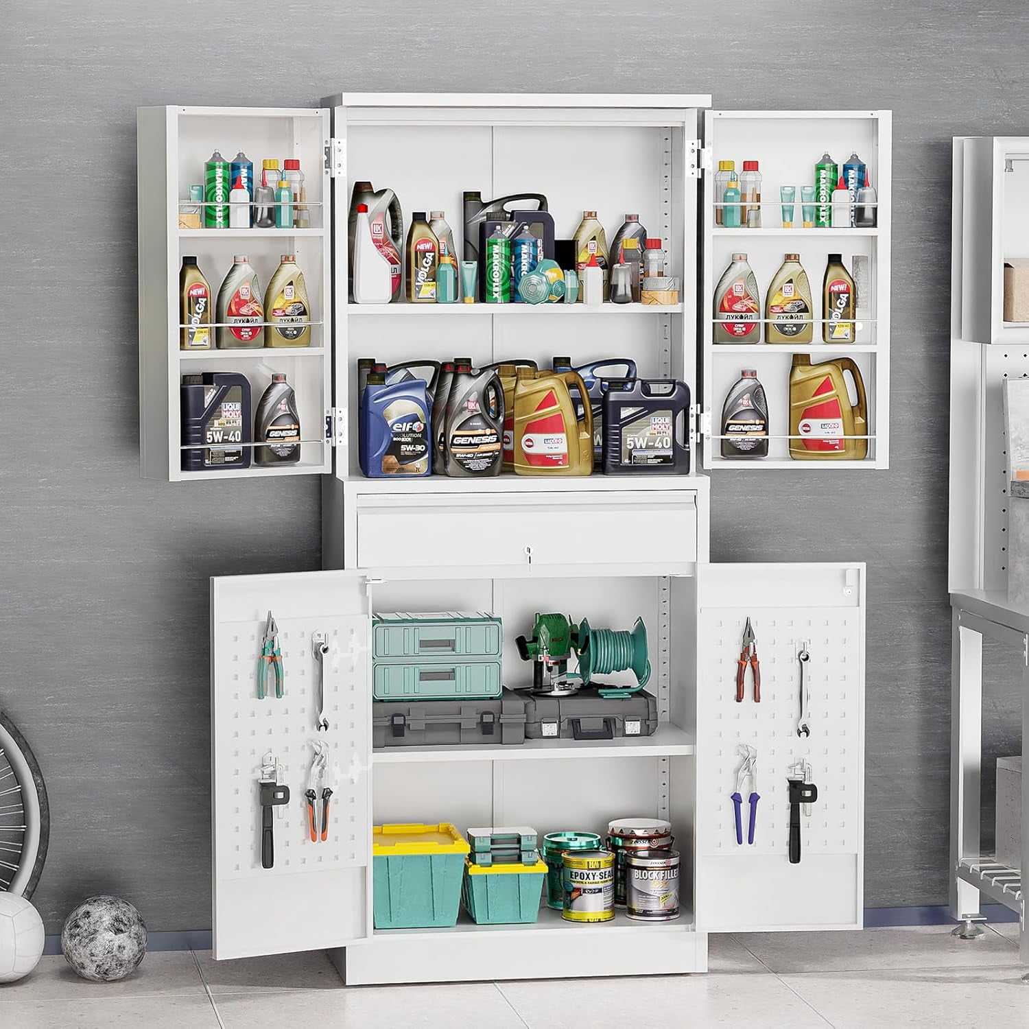 Ktaxon 71" Tall Steel Storage Cabinet with Drawer, 4-Door Lockable Pantry Organizer w/ Door Shelves, Pegboard & Hooks, Adjustable Shelves, White