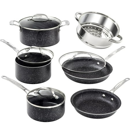 

Pots and Pans Set 10 Piece Nonstick Cookware Set Includes Steamer Scratch Resistant Granite Coated Dishwasher and Oven-Safe PFOA-Free Black