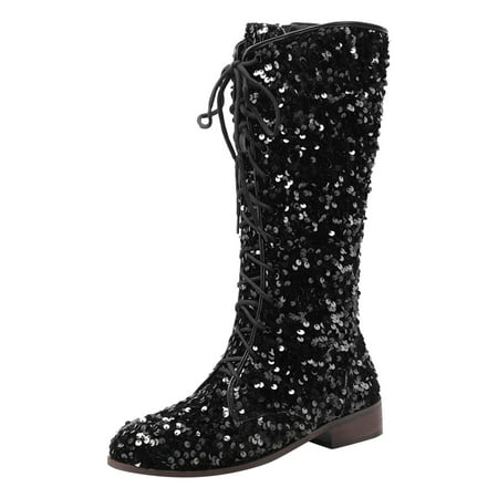 Women Mid Calf Sequin Decoration Dressy Lace Up Thick Heels Low Heels Comfortable Zipper Shoes