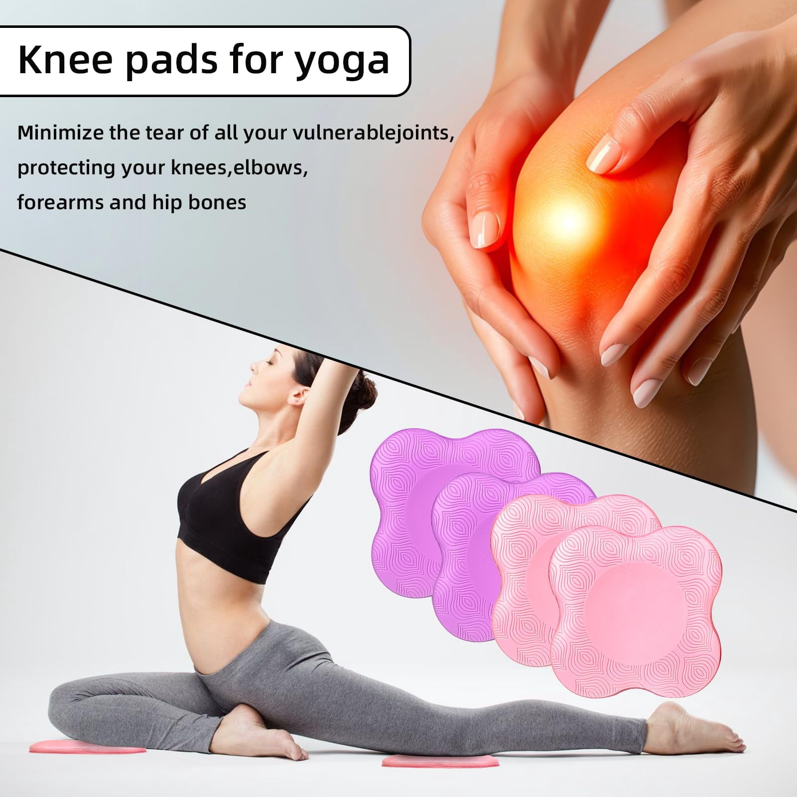 Yoga Knee Pads, Set of 4, Cushions for Knees and Elbows, Fitness, Meditation, Kneeling, Balance, Floor, Pilates (Pink Purple)