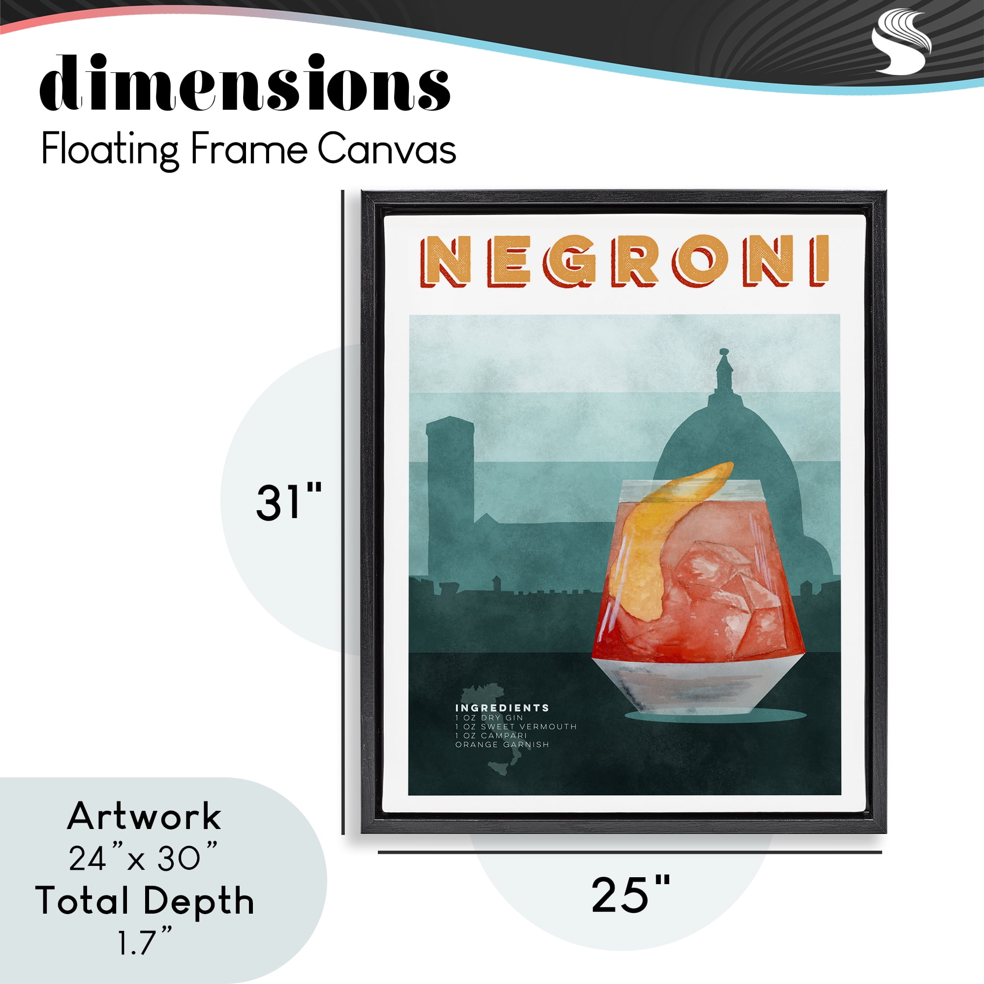 Retro Negroni & Architecture Black Framed Floater Canvas Wall Art, design by Brett Blumenthal