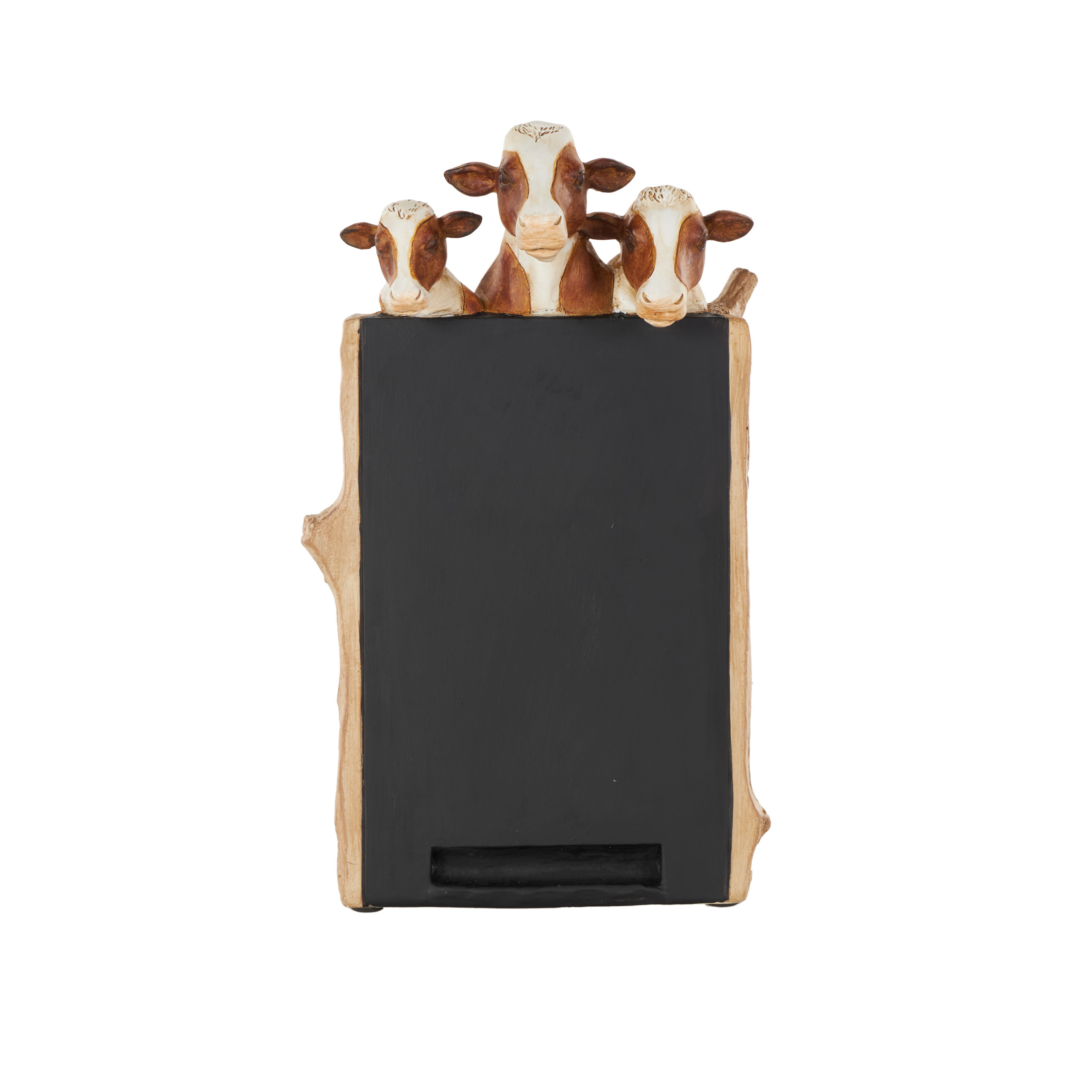 DecMode Cow Chalkboard Polystone Decorative Sign with Brown Tree Trunk Frame, 1-Piece