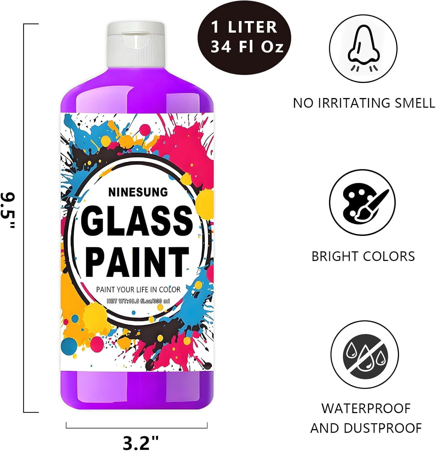 Purple Glass Paint, 34 oz (1 Liter) Jumbo Bulk - Acrylic Paint for Stained Glass, Windows, Wine Glasses, Ceramics & Bottles - For Artists & Beginners (Purple, 34 Fl Oz)