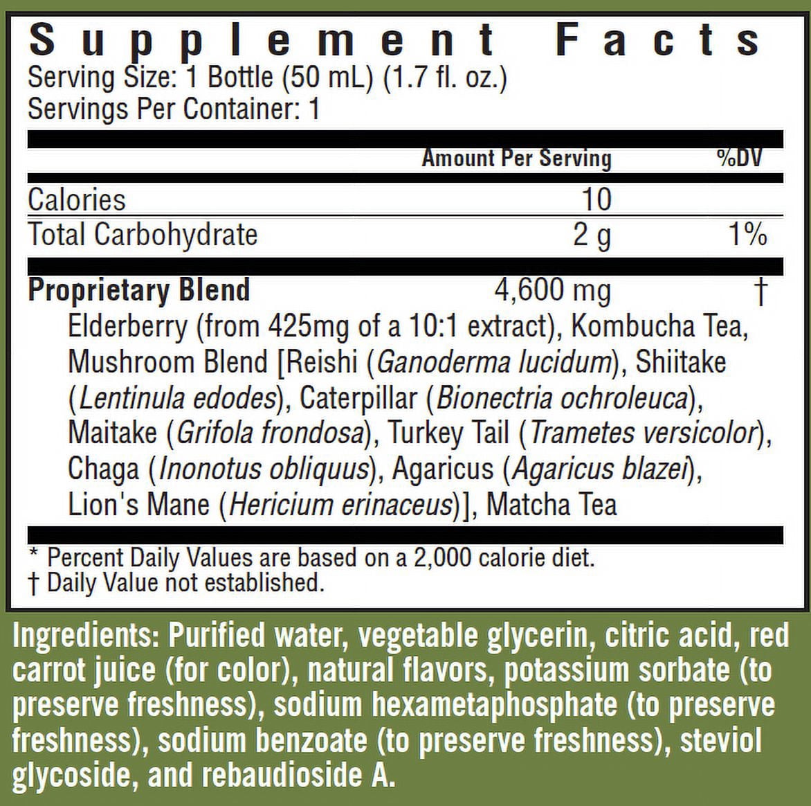 Rapid Fire Immune Wellness Tea Shot, Kombucha, Matcha, Super Mushroom Blend, Elderberry flavor, 1.7 oz. (7 Count)