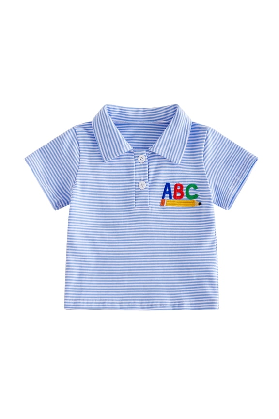 Toddler Little Boys Back to School Shirt Adorable Pencil Embroidery Short Sleeve Lapel Button Down Striped Tops Summer Clothes 1-6 Years