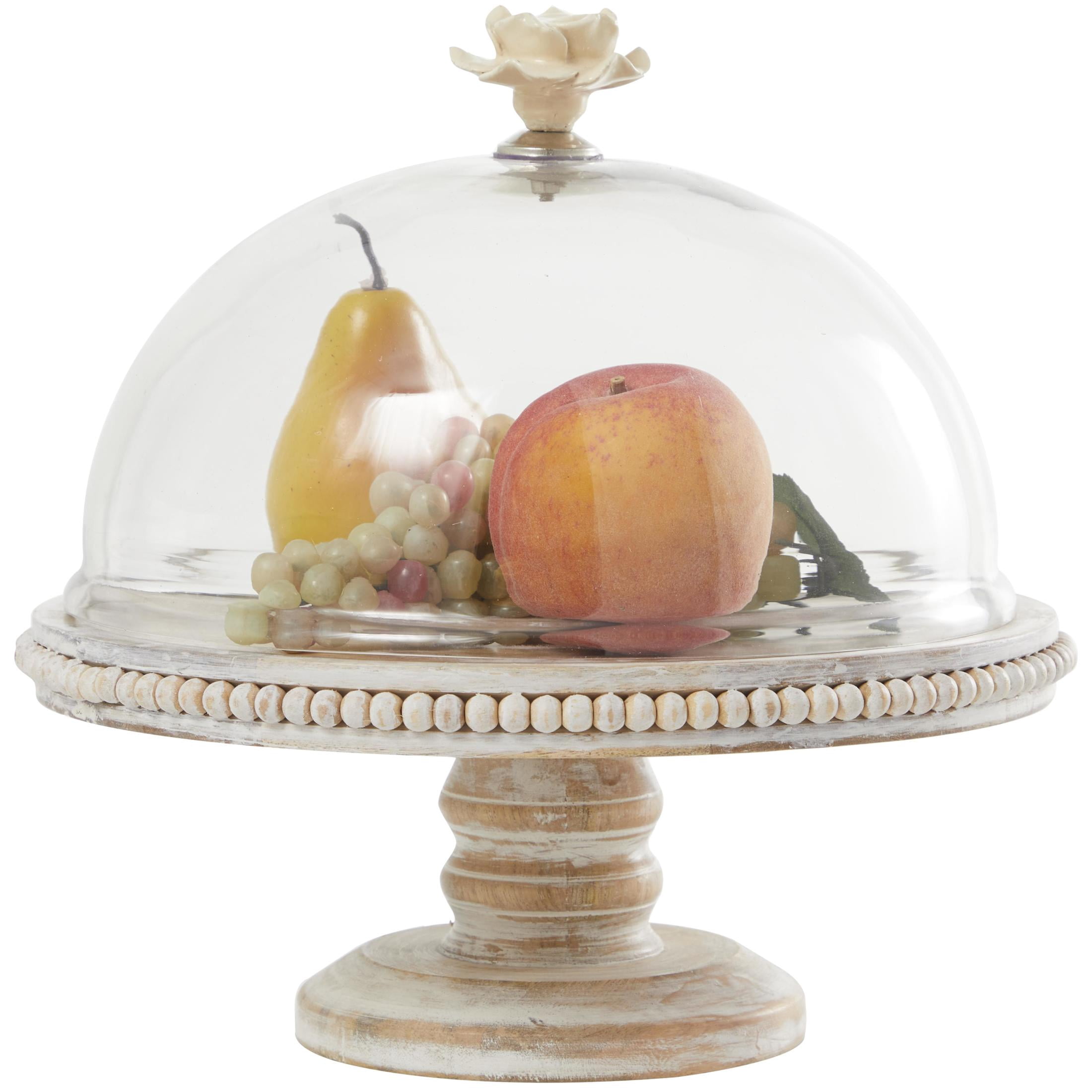DecMode 12" x 12" Cream Mango Wood Floral Decorative Stand with Glass Dome, 1-Piece