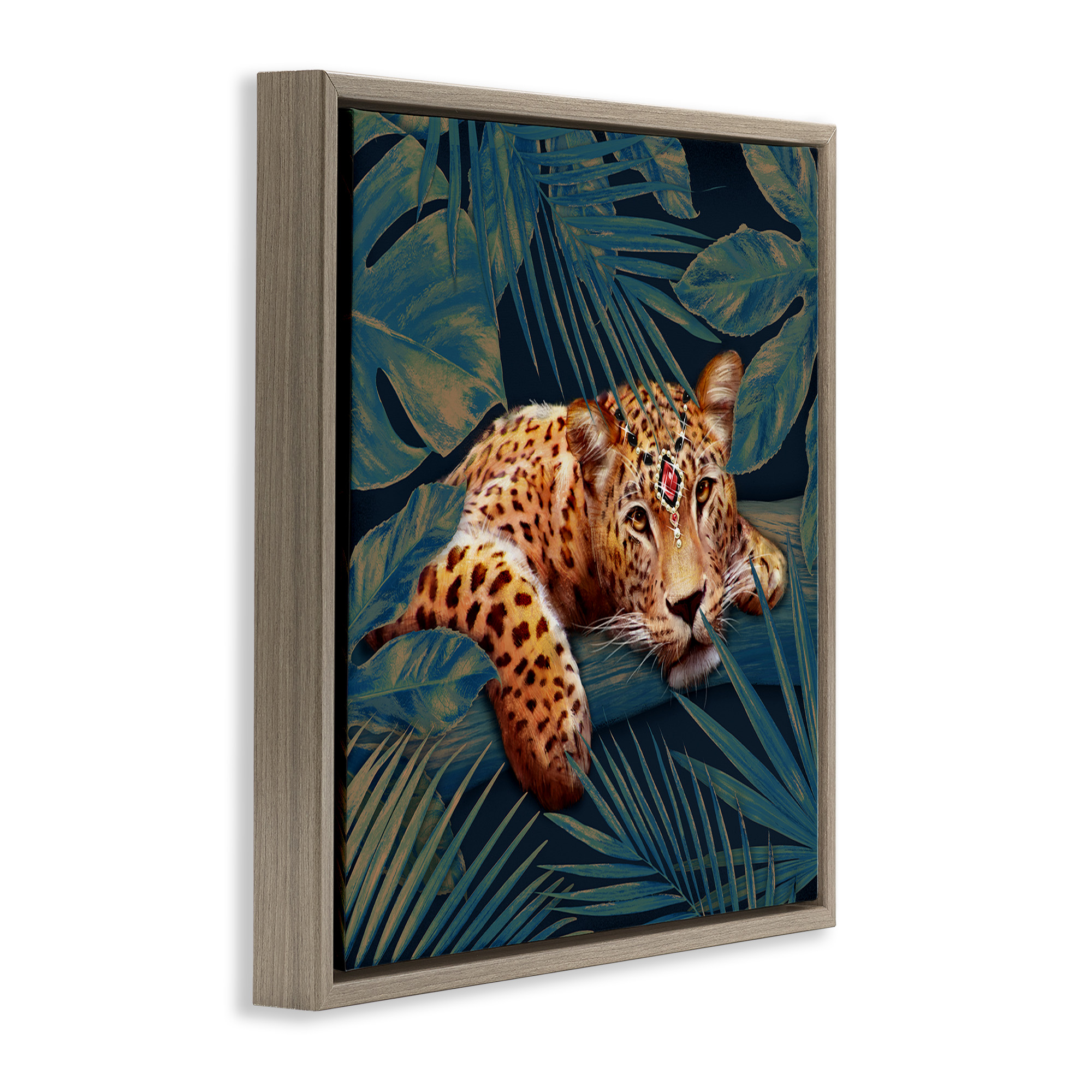 Stupell Industries Tropical Leopard with Glitz Gem Animals & Insects Painting Brown Floater Framed Canvas Art Print Wall Art, 18 x 18