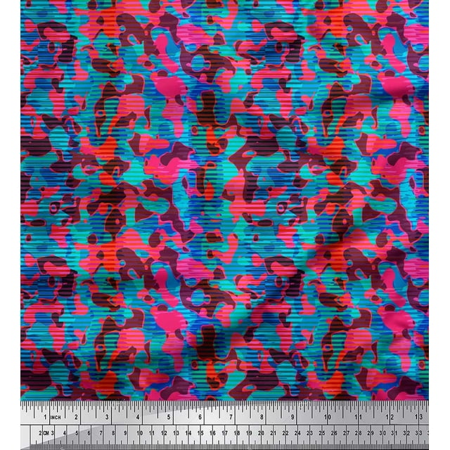 Soimoi Blue polyester Crepe Fabric Stripe & Leopard Animal Skin Print Sewing Fabric Yard 42 Inch Wide