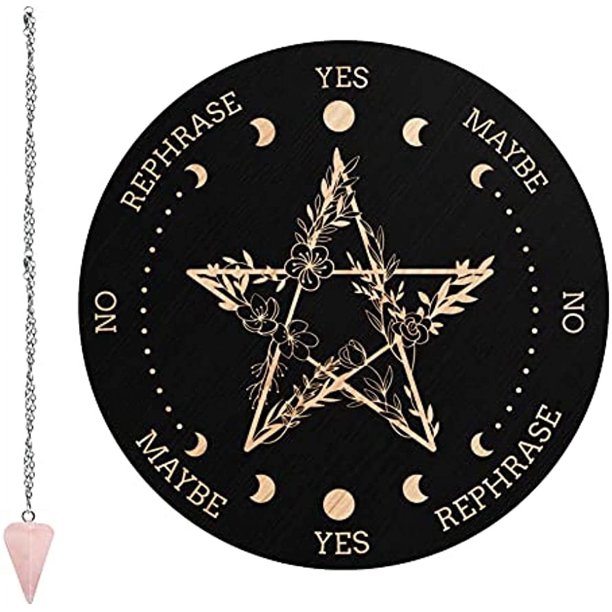 Tablero de madera tallado de 7,9 pulgadas con péndulo de radiestesia de cristal de cuarzo rosa, kit de suministros para altar wiccano de brujería