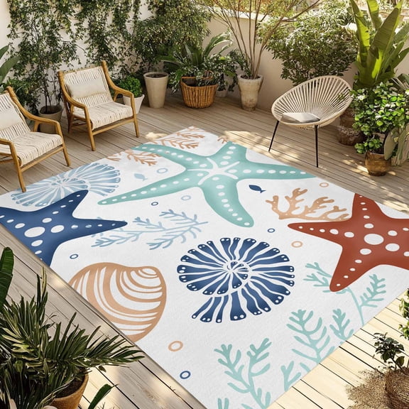 Fsddascl Teal Blue Brown Starfish Coastal Outdoor Rug for Patio/Deck, Non-Slip Large Area Rug 4 x 6 Ft, Summer Beach Nautical Coral Sea Indoor Outdoor Rugs Washable Area Rugs, Camping Rug Carpet