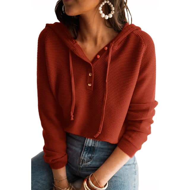 Pull à Capuche pour Femmes, Décontracté, Boutonné, Col en V, Manches Longues, Tricoté, Henley