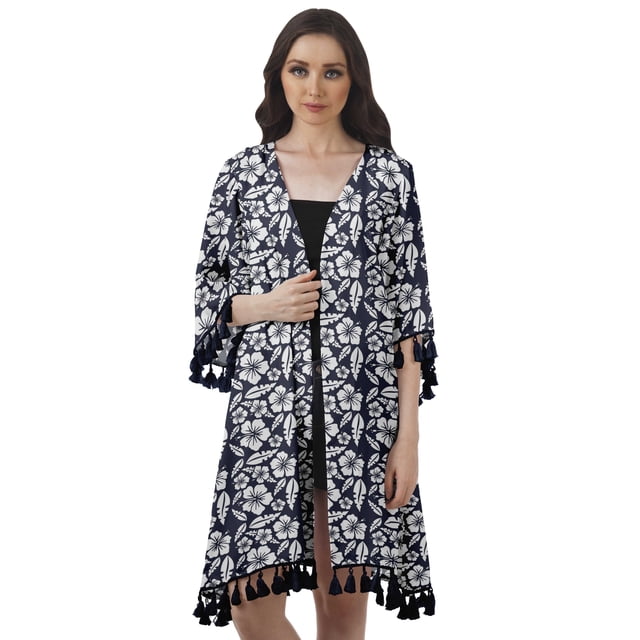 Moomaya Front Open Printed Shrug 3/4 Sleeve Georgette Beach Cover Up For Women