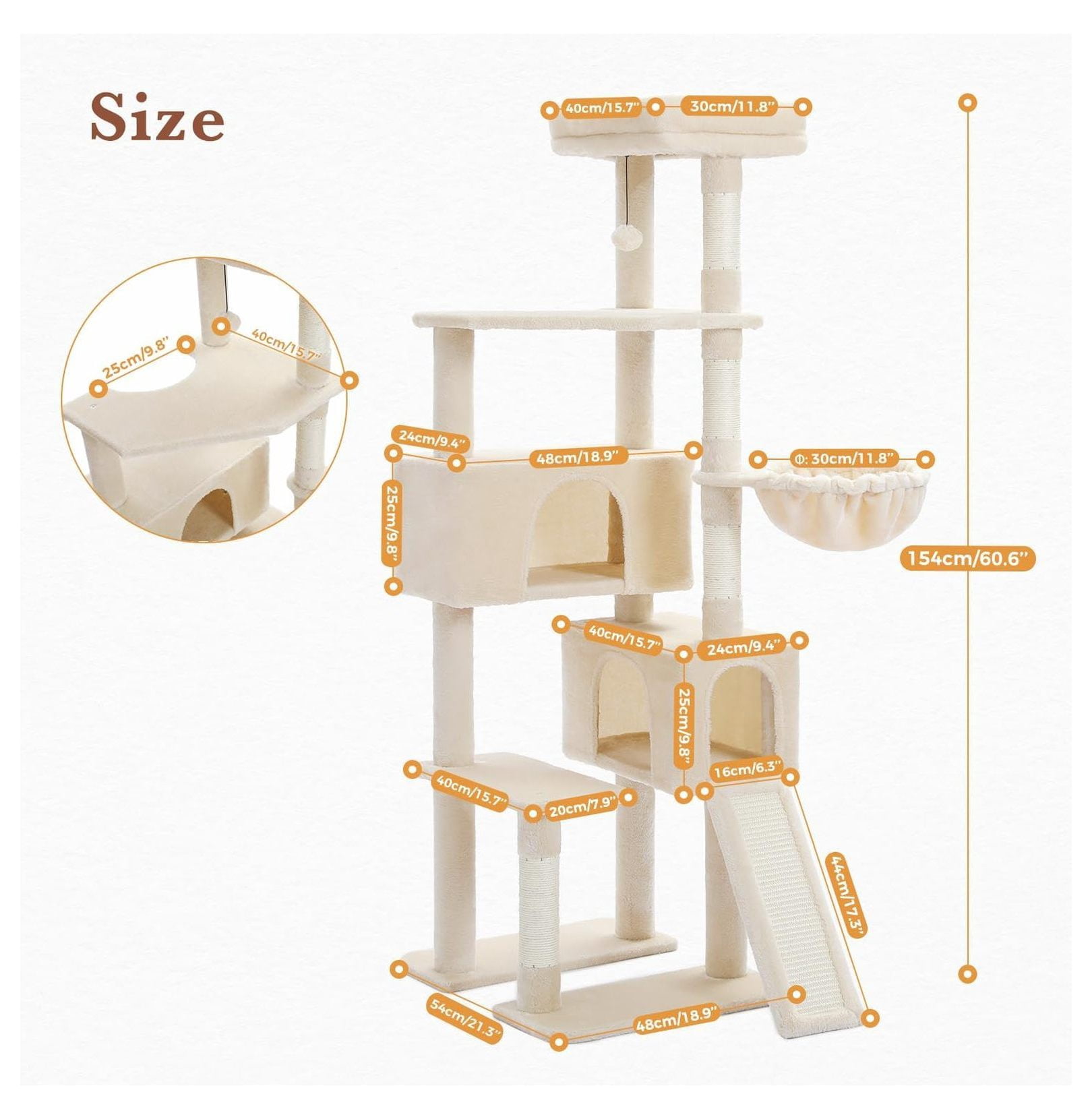 60'' Cat Tree Tower, Large Cat Condo with Scratching Posts, Cozy Hammock, Beige Indoor Cat Climbing Tower for Adult Cats