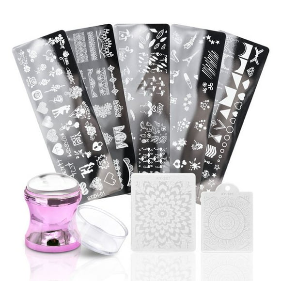 Nail Art Stamper,Pinkiou Nail Stamper Kit, Nail Stamping Plate Clear Silicone Nail Stamper French Tip Nail Stamp with Template Scraper Nail Plates,Stamper For Nails with 5PCS Stamping Plates