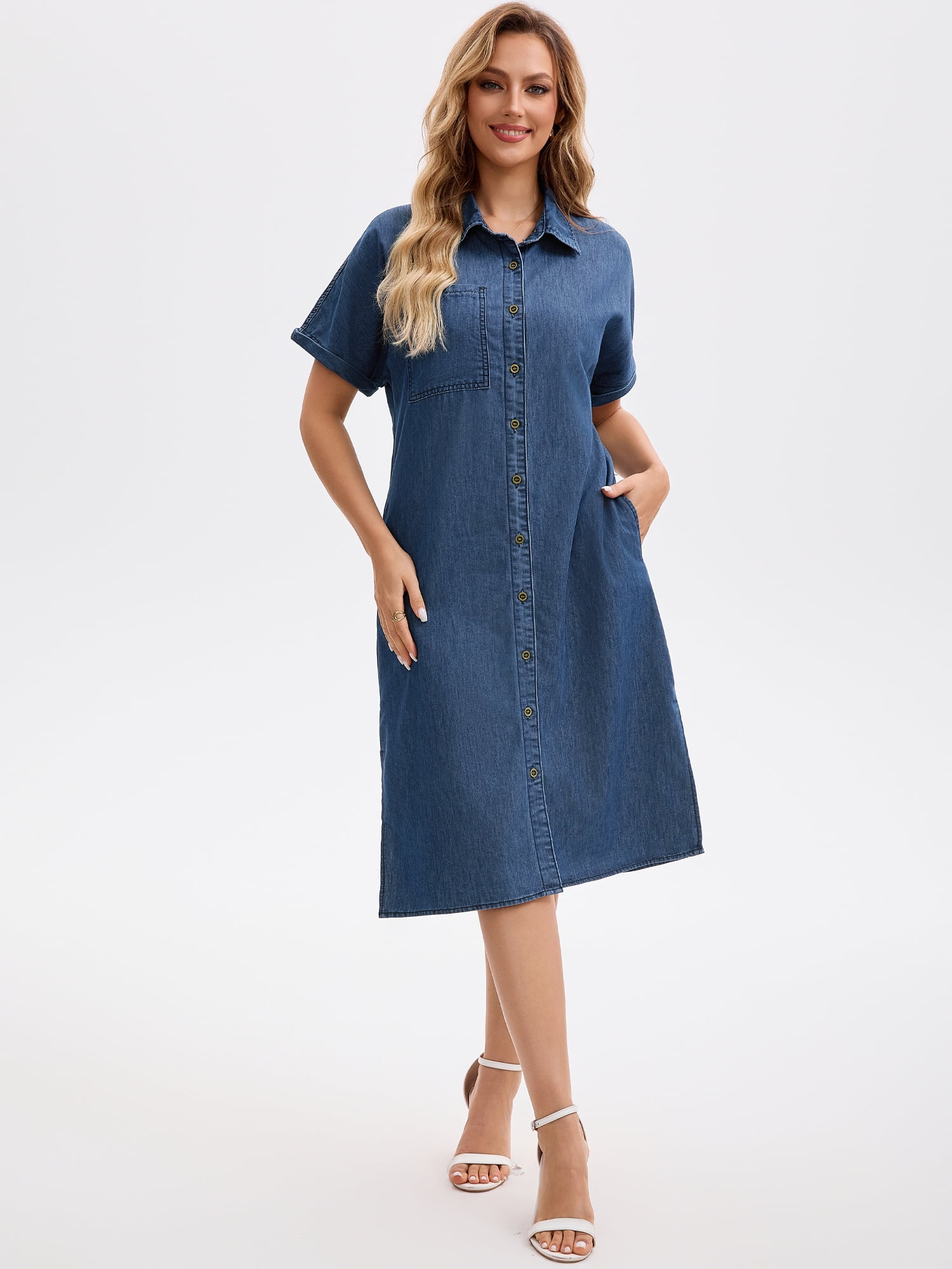 DARING DIVA Midi Denim Short Sleeve Button Down Tunic Jean Dress XL Navy Blue
