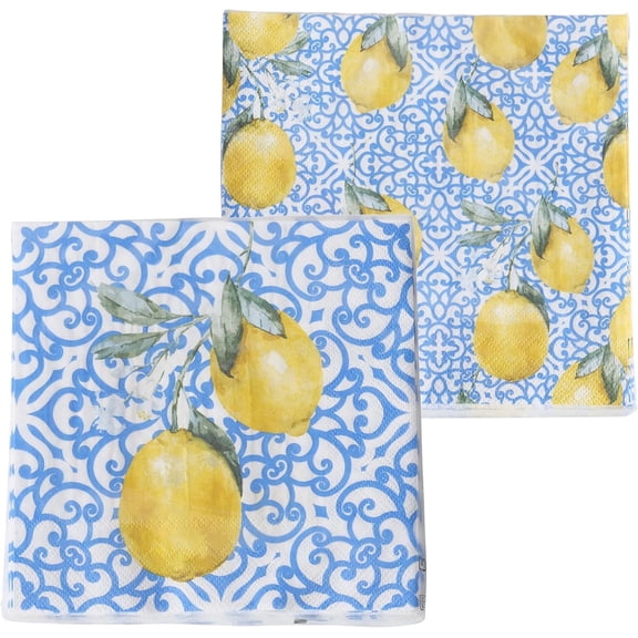 Key West Lemon Napkins, 2 Packs of 20, 3 Ply Paper, 6.75 Inches, Citrus Yellow and Bright Blue and White Tile Backgrounds