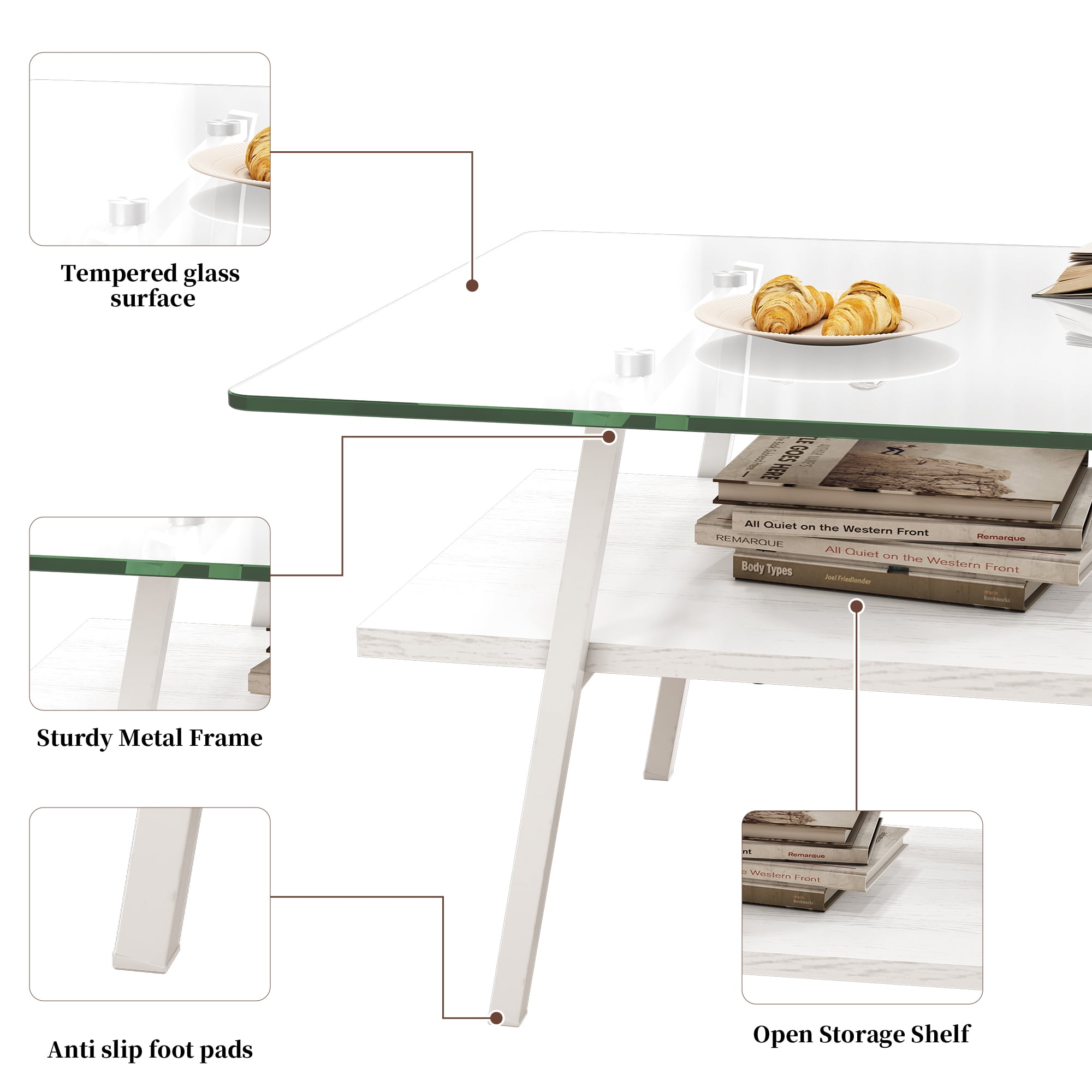 MAYEERTY Rectangle Coffee Table with Tempered Tempered Glass Top and White Metal Legs