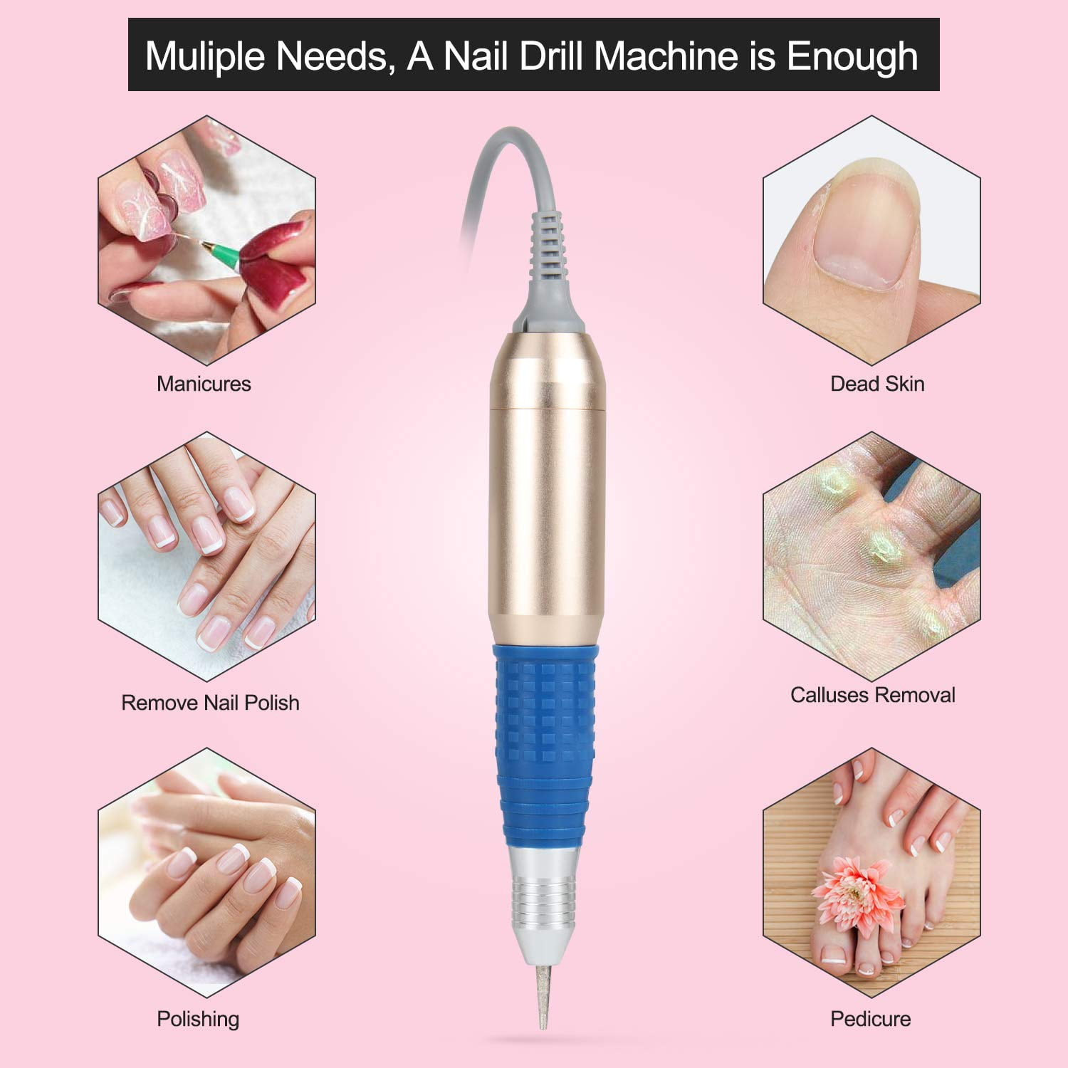 Electric Nail Drill 25000RPM, Professional Nail Drill Kit For Acrylic, Gel Nails, Manicure Pedicure Polishing with 11Pcs Nail Drill Bits and Sanding Bands, BEquipment for Home and Salon
