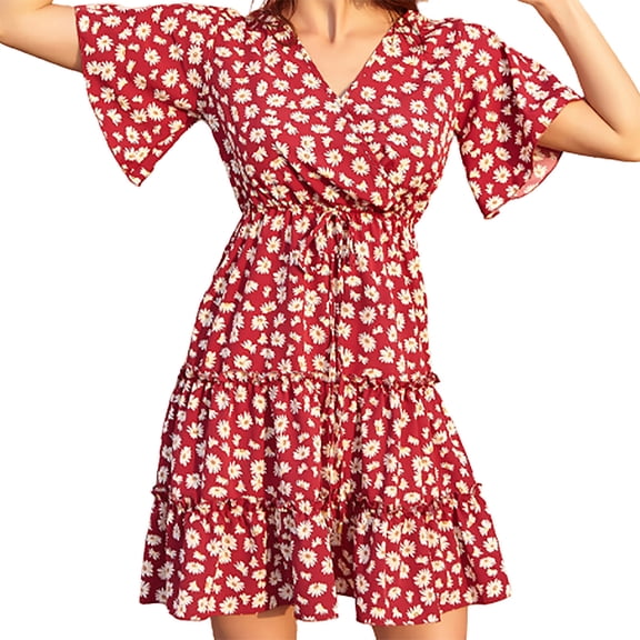 Ichuanyi Woman Dress, Clearance Summer Women Fashion Floral Print Long Sleeve V-Neck Casual Knee-Length Dress