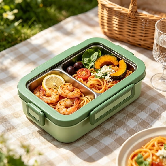Bento Box Lunch Box 800ml, 3 Compartment Reusable Food Containers with Stainless Steel Inner, Portable for Home Work Travel