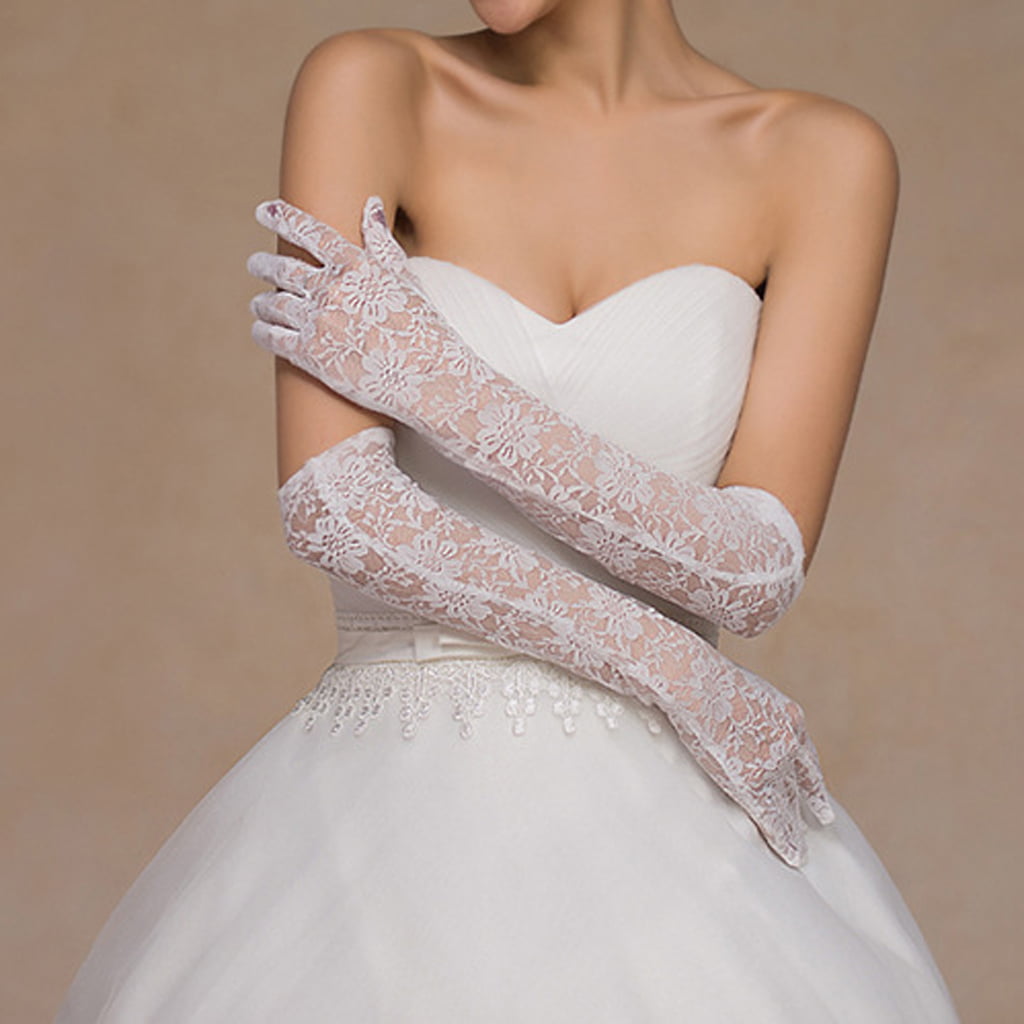 White Bridal Gloves, Wedding Gloves Adorned With Pearls And Lace Flowe –  Oktypes