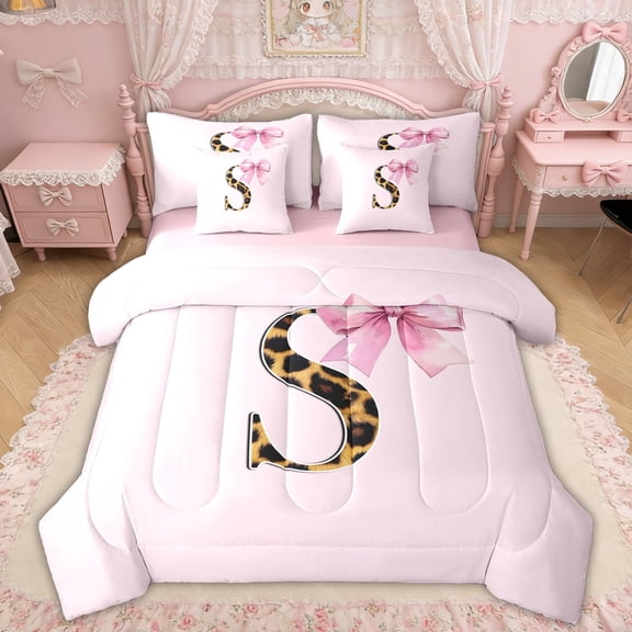 Erosebridal Pink Bowknot Letter S Twin Bedding Sets, Cheetah Leopard Print Bedding Comforter Set for Girls Kids, Pink Reversible, 7 Pieces