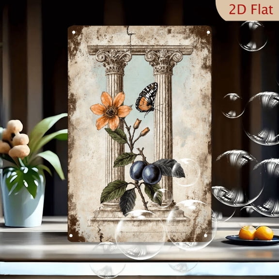 Vintage Classical Art 8x12in Metal Wall Decor, Ornate Corinthian Columns with Fruit Branch and Butterfly on Parchment Background, Rustic Antique Style Metal Print for Home Office Living Room
