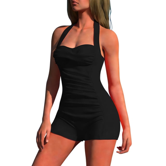Ltctricy Swim Rompers for Women Halter Tie Backless Solid Color Slimming Bathing Suits One Piece Swimsuits
