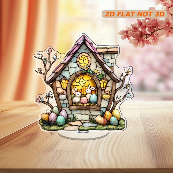 Rotating acrylic decoration featuring a charming house with Easter eggs, bunnies, and chicks, showcasing vibrant colors and delicate stained glass textures