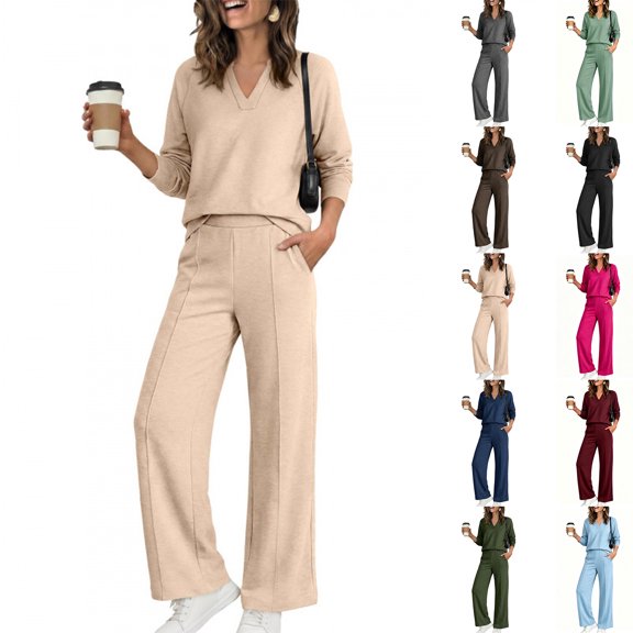 Womens 2 Piece Outfits V Neck Long Sleeve Sweatshirts & Casual Pocket Pants Sets Business Outdoor Running Outfits M