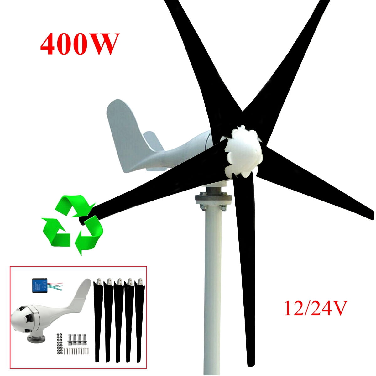 400W Power Wind Turbine Generator DC 12 24V 5 Blade with Windmill Charge Controller (Max... by