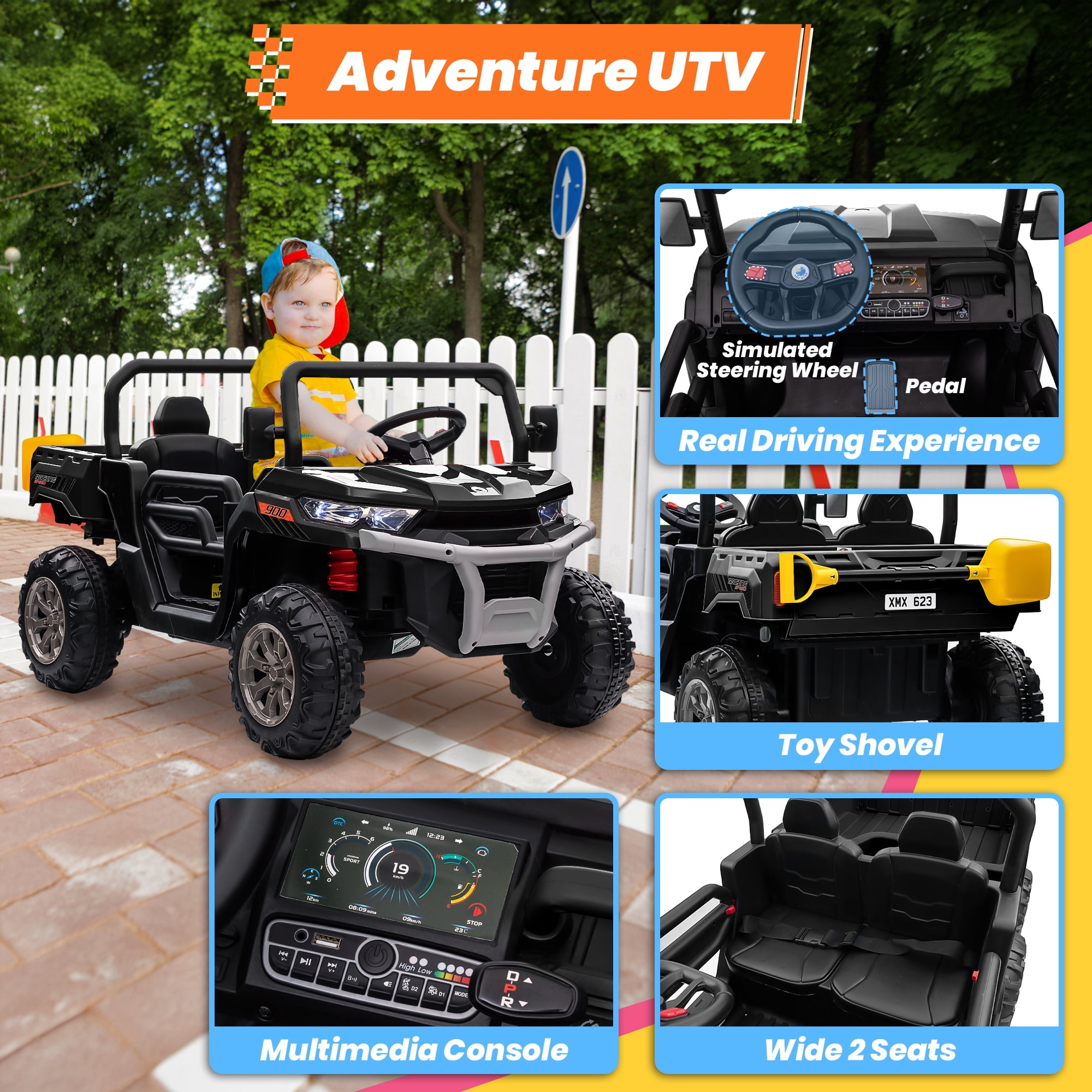 Joyracer 24 Volt Ride on Toys, 4WD Ride on Dump Truck for Kids, 2 Seater Ride on Car with Remote, Electric Power Car Wheels Toys with Trailer & Shovel, MP3/Bluetooth Music, Black