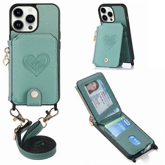 Compatible with iPhone 12 Pro / 12 Case Wallet, with Credit Card Holder Zipper Pocket Crossbody Strap Heart Pattern PU Leather Magnetic Clasp Kickstand Heavy Duty Protective Flip Cover, Green