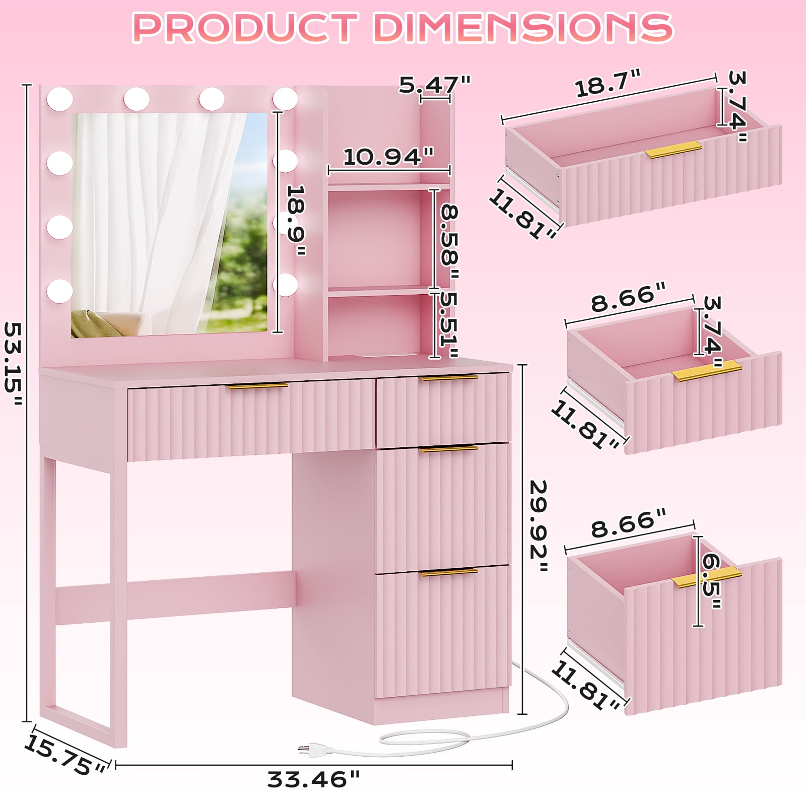 4-Drawer 2-Shelf Dressing Table with 10 Tri-Color Light Bulbs Particleboard with Textured Melamine Finish Power Strip and Dressing Table Grille-Finish Dressing Table, 33.46*15.75*29.53in, Pink